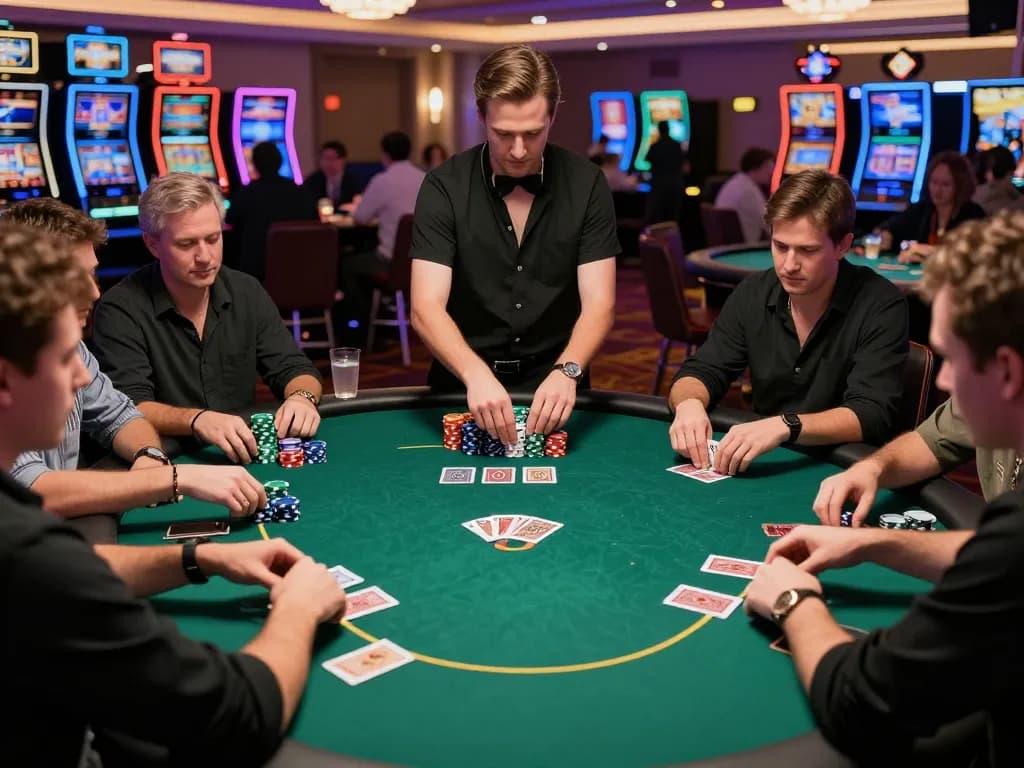 Players engage in intense sc88 poker gameplay at a vibrant Vegas casino table