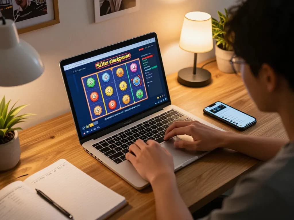 Player engaging with situs slot gacor games in cozy home setting, showcasing strategic gameplay.