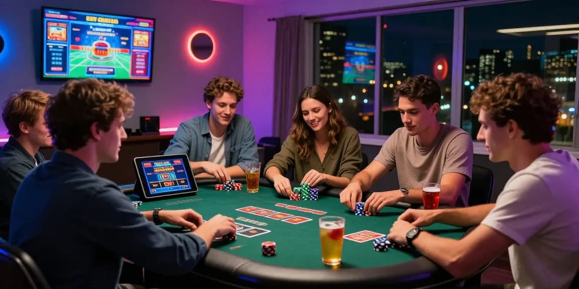Friends enjoying a lively card game, exploring new credit card casinos in a vibrant gaming room.