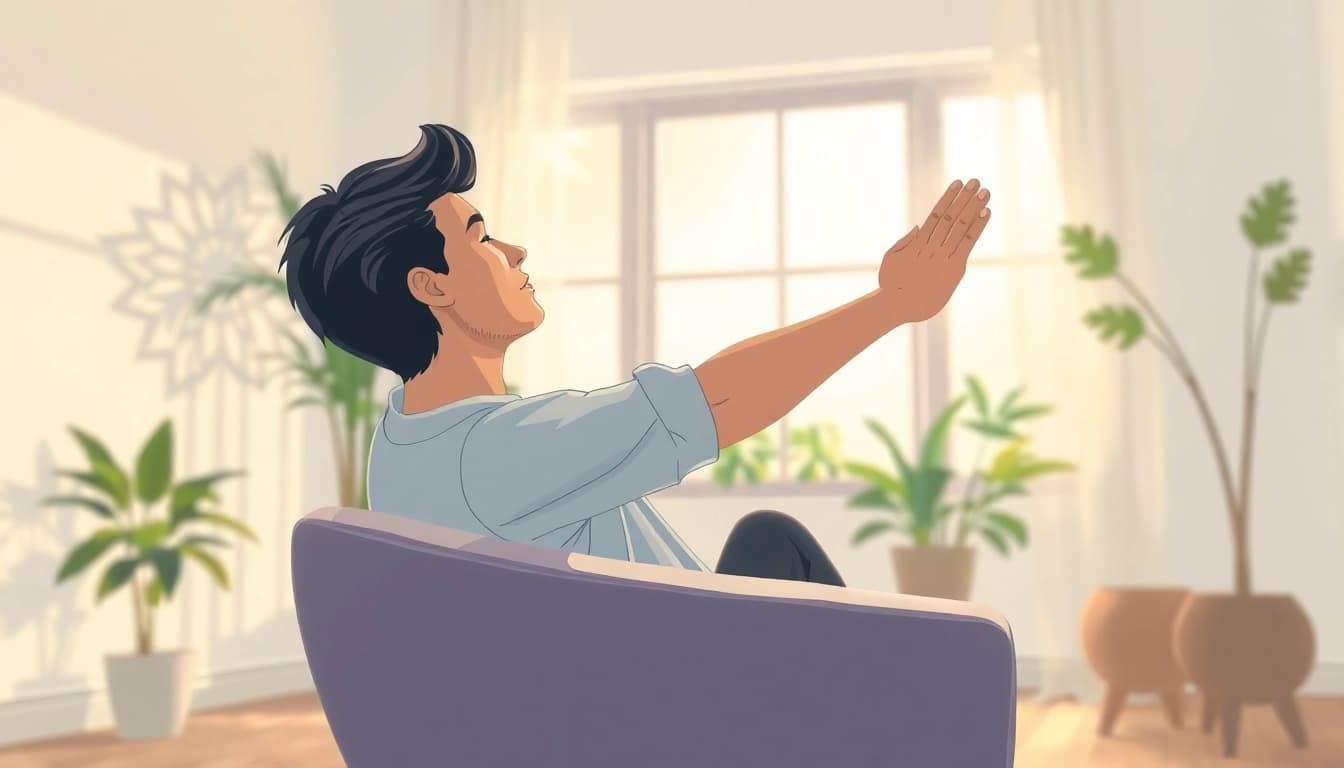 Engaging illustration of individual practicing back pain remedies in a calm indoor space.