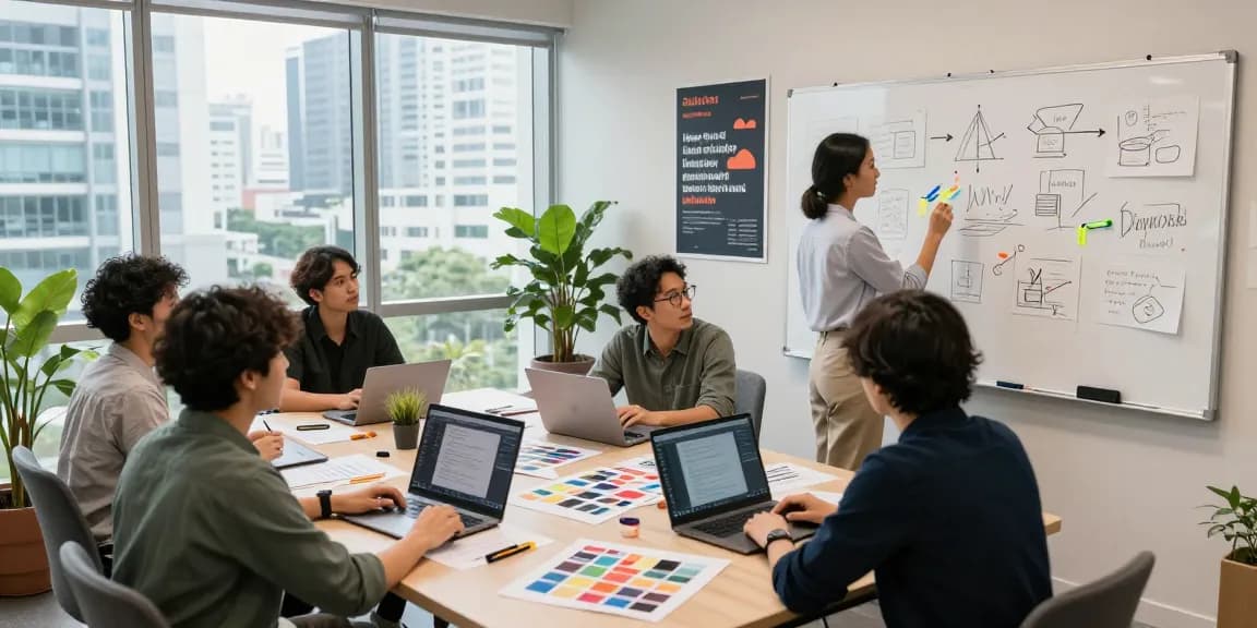 Dynamic team brainstorming at a branding agency in KL, showcasing creativity and collaboration.