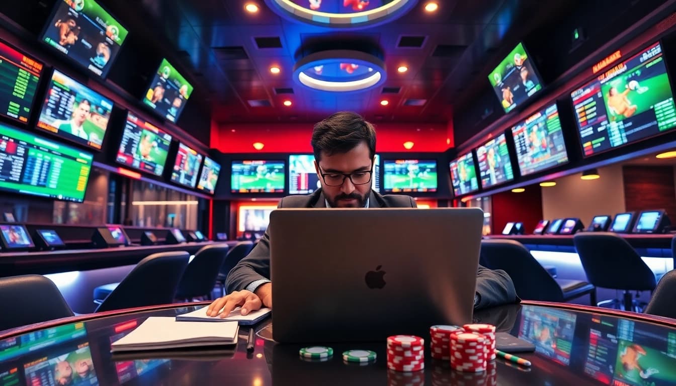 Mostbet bonus qazanmaq üçün müasir mərcləmə zalında dərin düşünən bir kişinin fəaliyyətini təsvir edir.