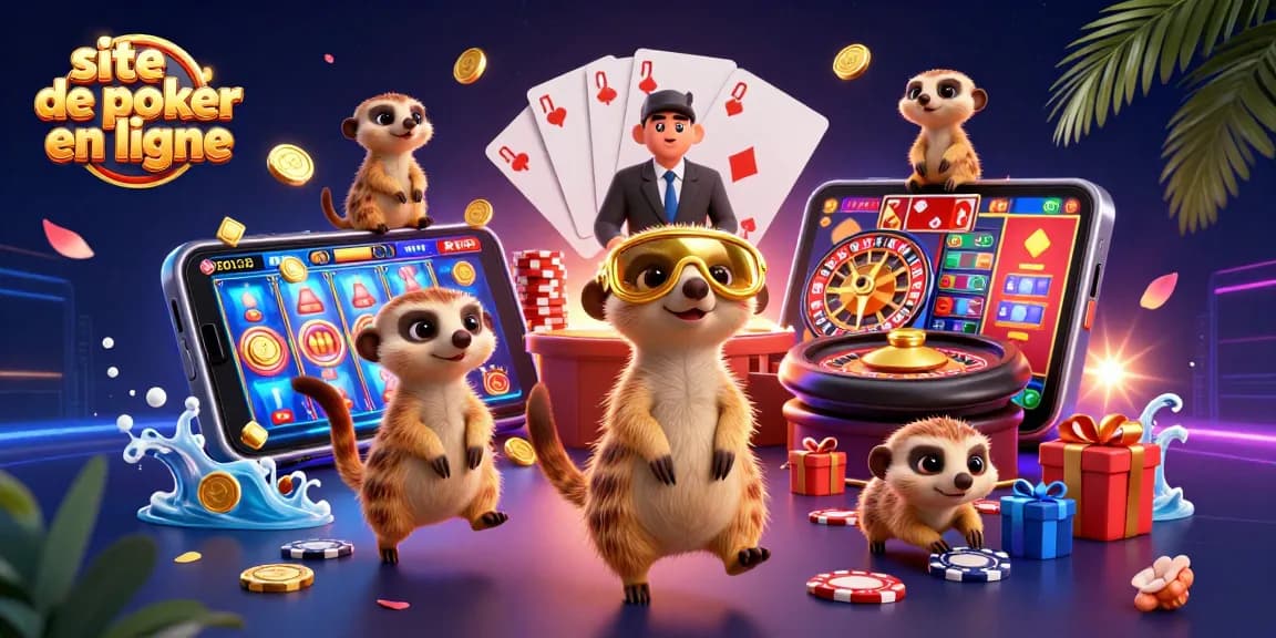 Profitez d'une scène animée de suricates sur un site de poker en ligne vibrant avec des jeux de cartes éclatants et des jetons