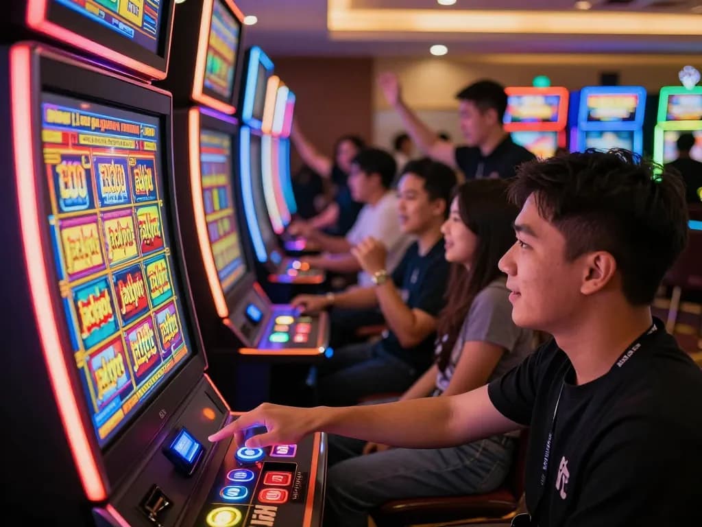 Experience slot gacor gampang menang while engaging with lively players celebrating jackpots in a colorful casino atmosphere.