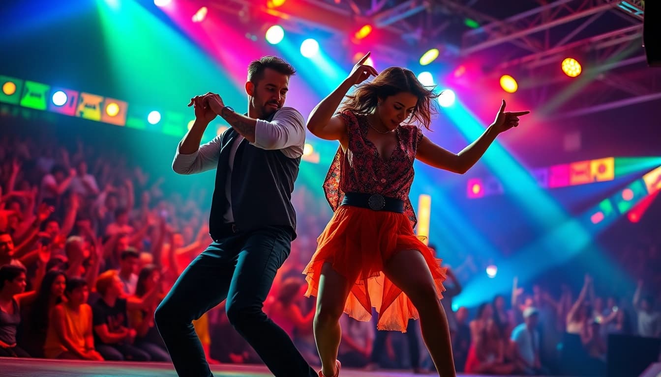 Movin and groovin dancers showcasing vibrant energy on stage with colorful lighting.