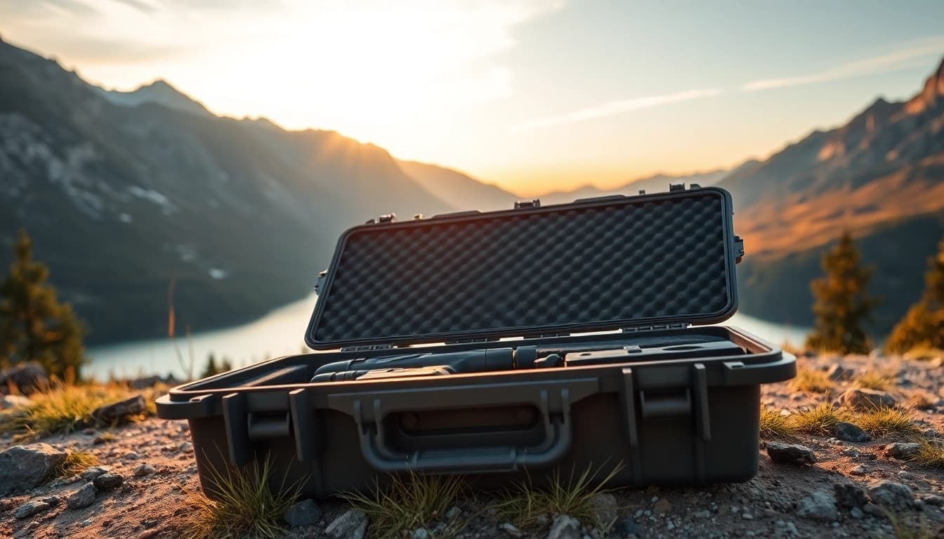 Showcase pelican rifle case opened outdoors, revealing organized compartments amidst a stunning natural landscape.
