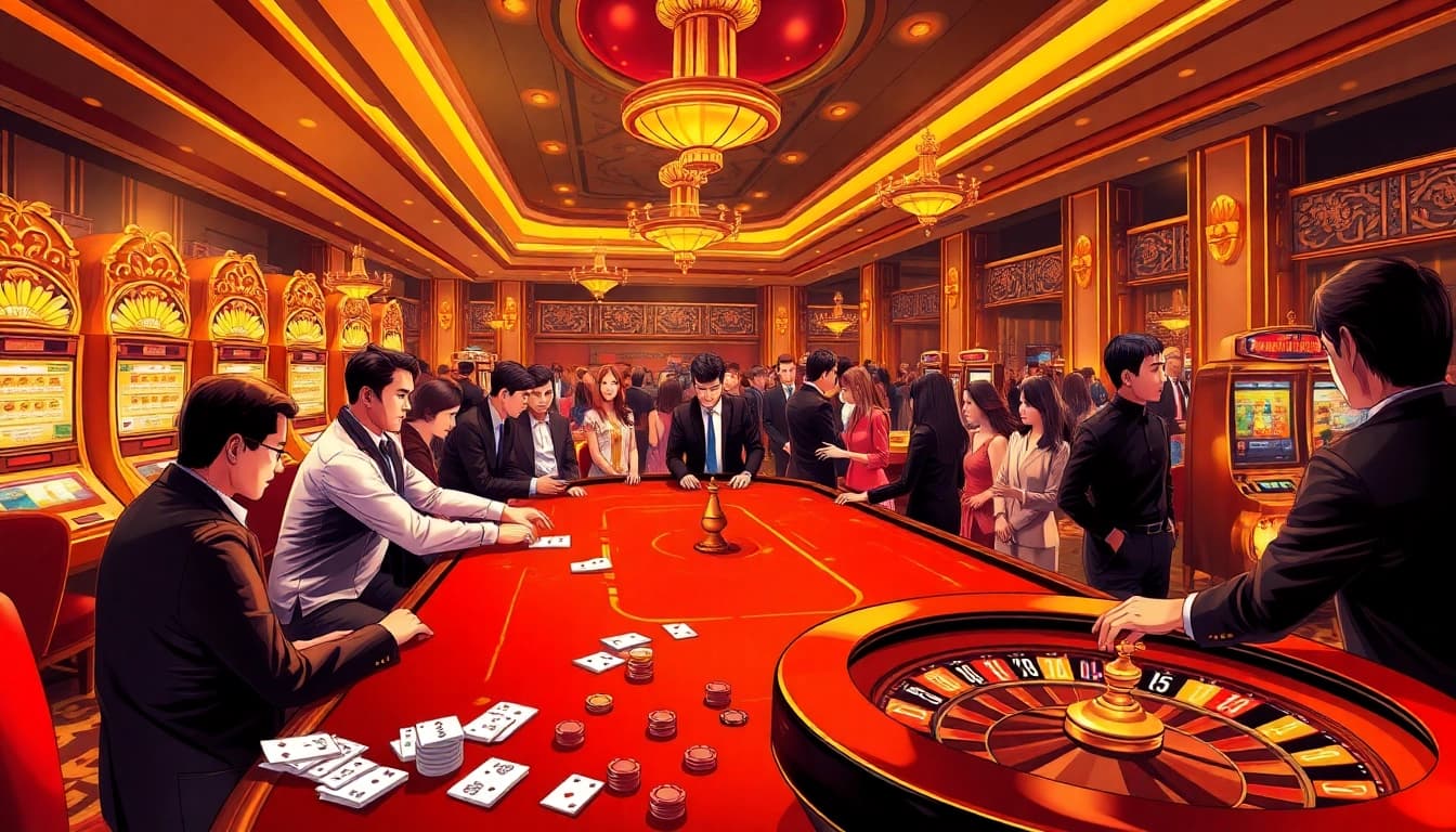 Nền Tảng RR88 showcasing luxury gambling scene with poker, slots, and roulette action.