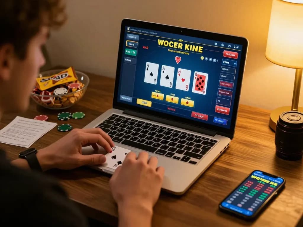 Open88 online blackjack player celebrates a winning hand in a cozy home gaming environment