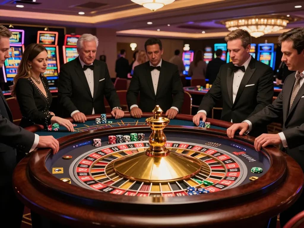SHBET players betting on a vibrant roulette table in an upscale casino atmosphere.