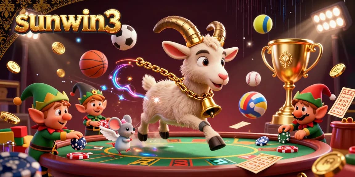 Get ready to win big at sunwin3 with a festive casino scene featuring playful characters and vibrant game elements.