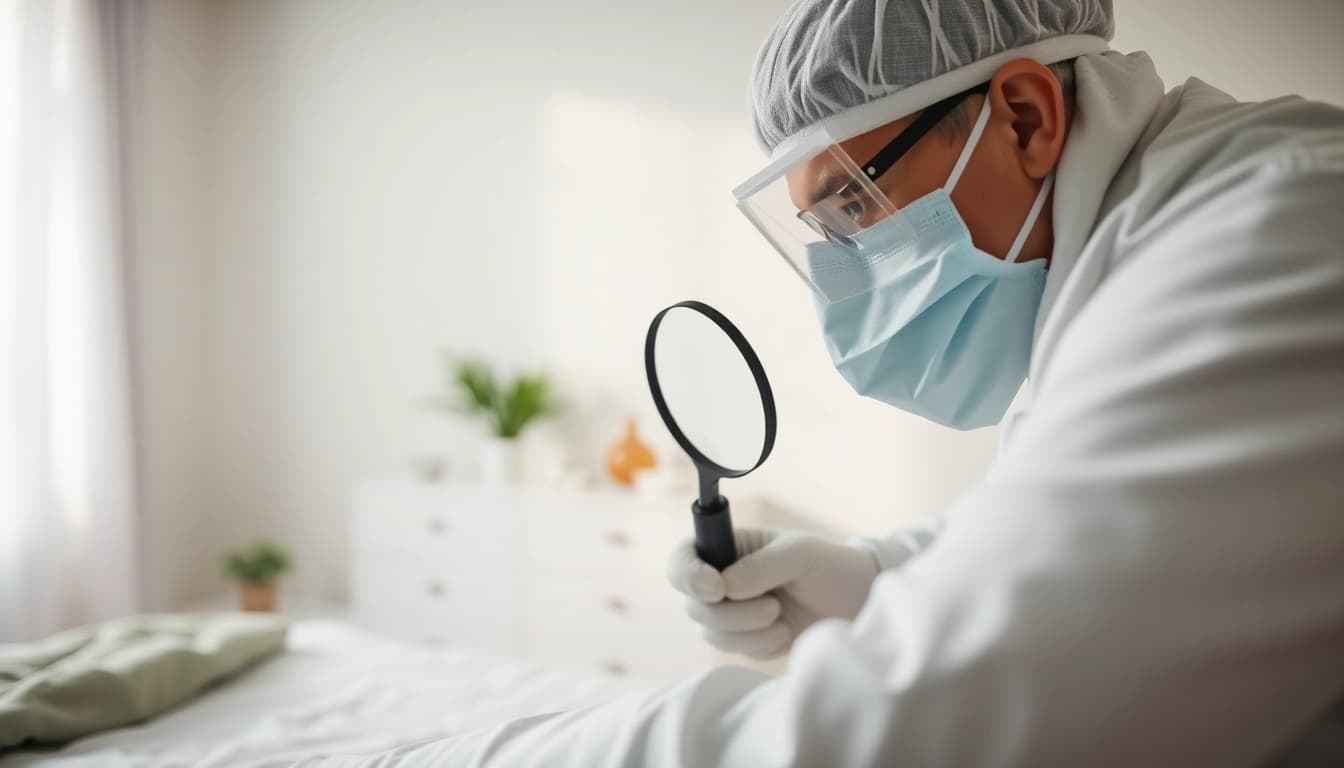 Bed bug exterminator waukesha performing inspection in a clean, safe bedroom environment.