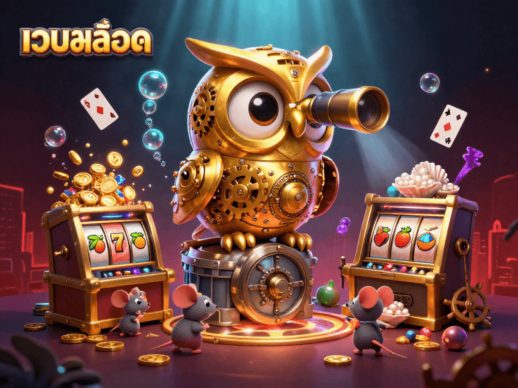 Engage with เว็บสล็อต in a vibrant 3D scene showcasing an owl and mice in an exciting casino