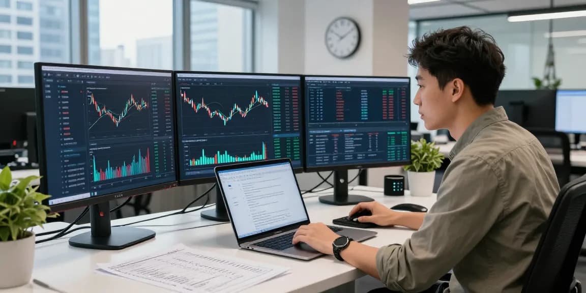 Developer analyzing global commodity index API data in a modern tech workspace with multiple monitors.