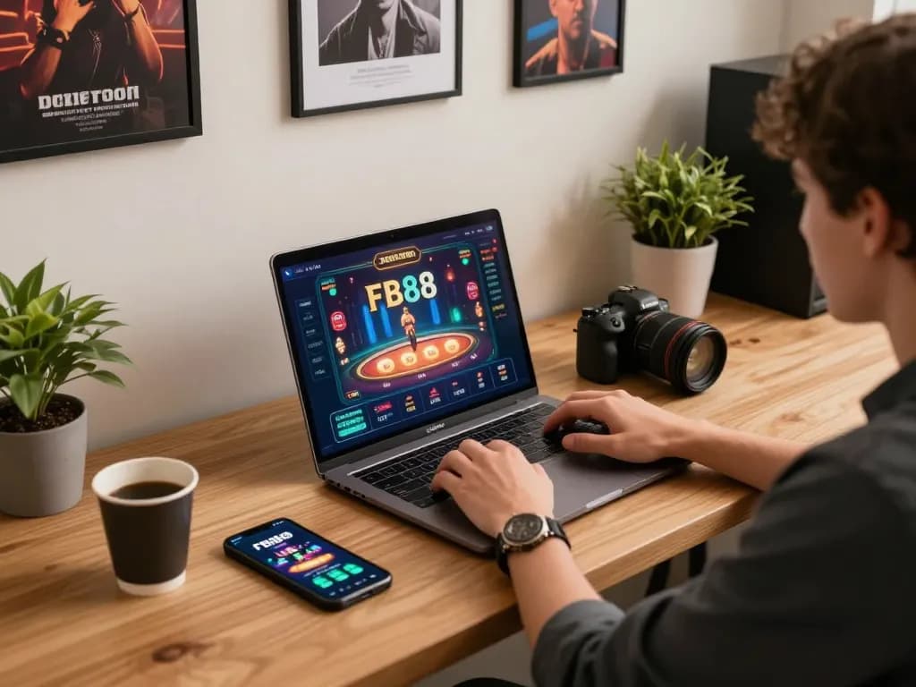 Engaging in online casino gaming at FB88 with a laptop showing exciting games and responsible betting.