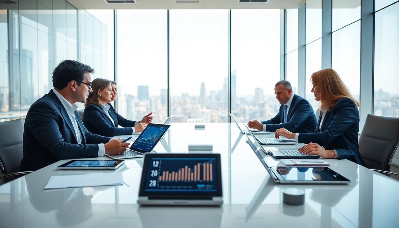 Analyze competitor pricing strategies during a collaborative business meeting in an urban office.