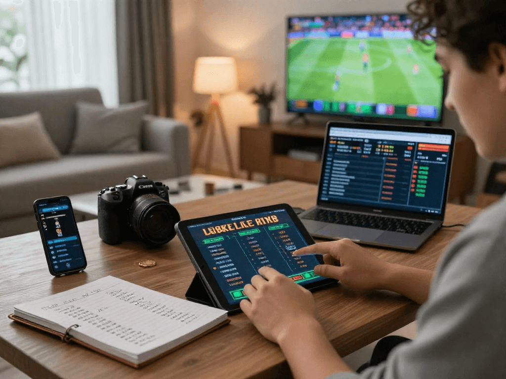 Live betting experience at home showing 먹튀검증 추천 먹튀스팟 with tablet, notebook, and sports on TV.