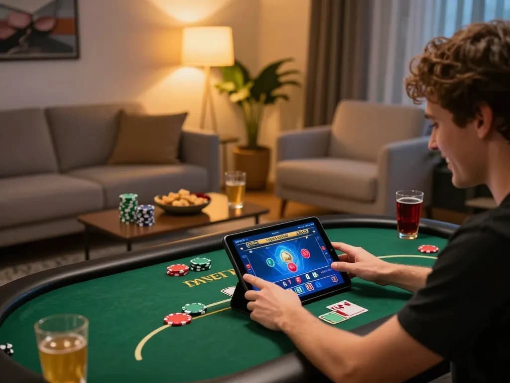 CM88 player engaging with live dealer game on tablet in cozy home setting