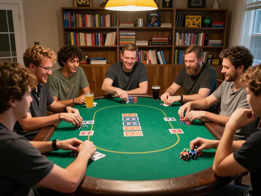 A group enjoying a competitive poker night, highlighting fun aspects of non gamstop casinos with engaged players and colorful chips.