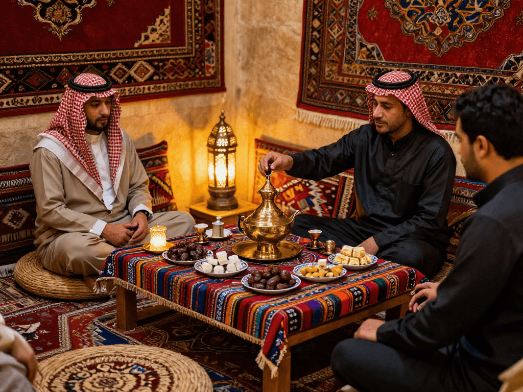 قھوجي وصبابین الریاض يقدمون الشاي في منزل تقليدي سعودي.