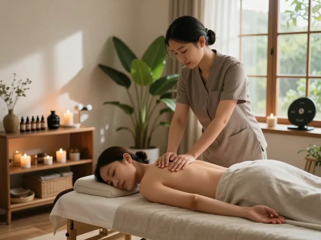 Professional massage therapist providing a calming experience at maxim-anma.net with soothing ambiance and relaxing elements.