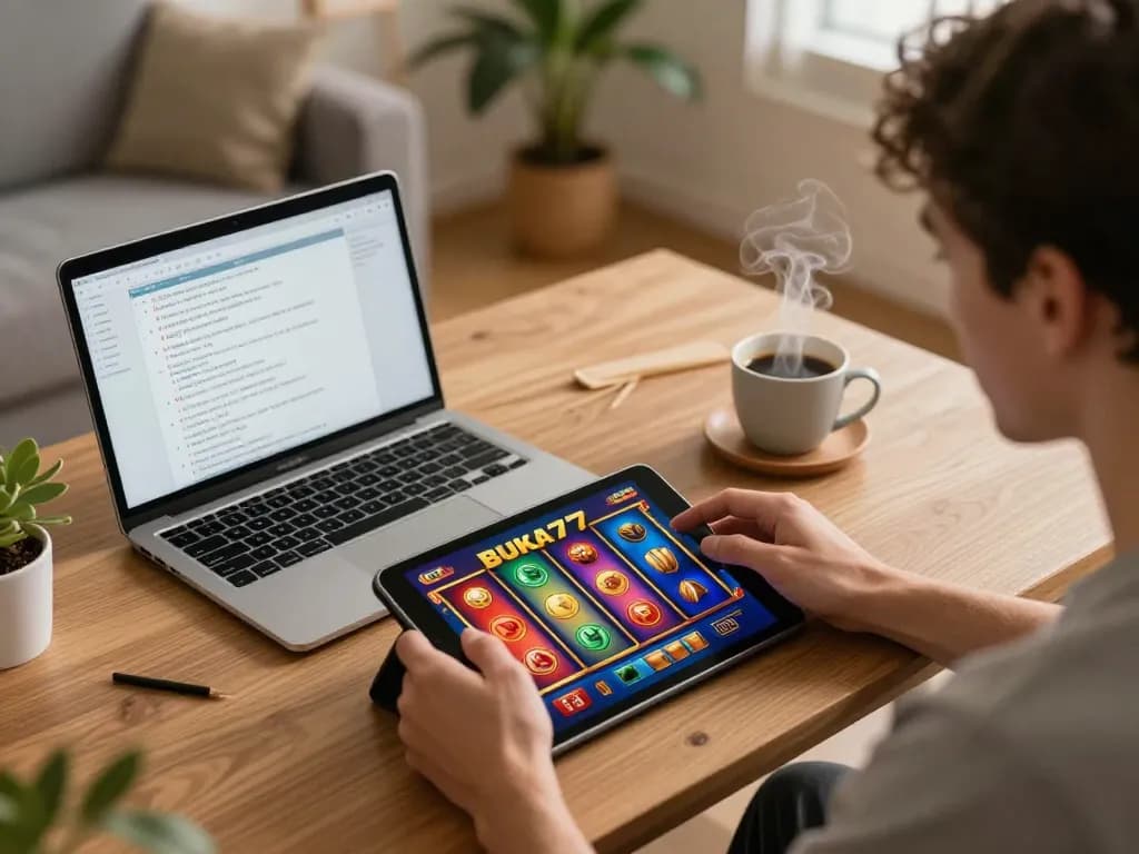 Player enjoying BUKA77 slots on a tablet in a cozy home setup, showcasing responsible gaming.