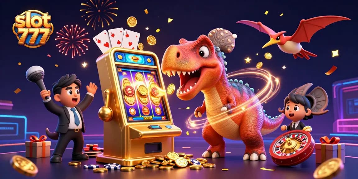 Pemain menggunakan slot 777 untuk memenangkan jackpot di kasino, dikelilingi koin emas dan permainan kasino.