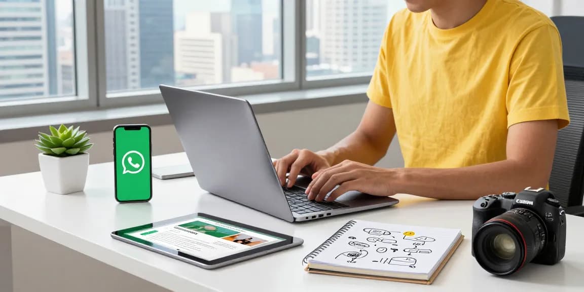 Setting up WhatsApp下載 on a sleek laptop in a modern tech workspace with vibrant gadgets and city view.