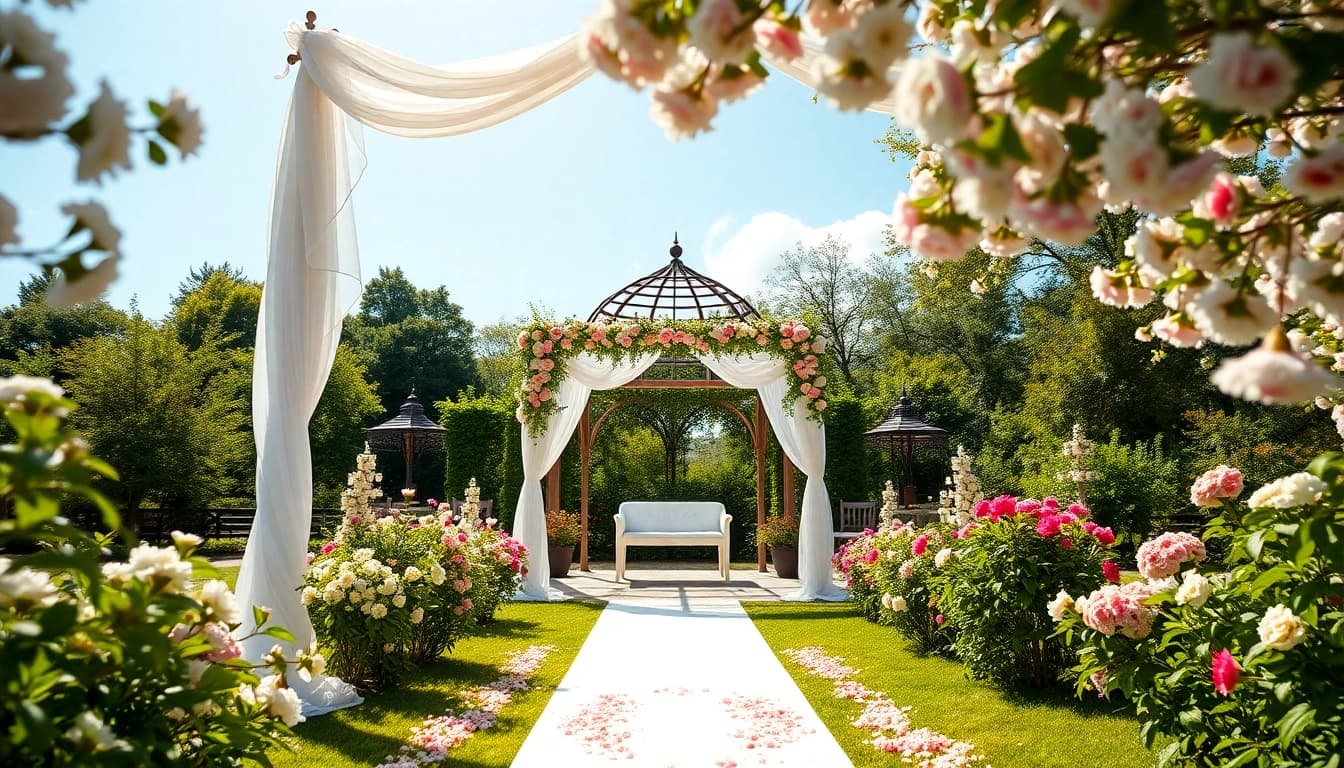 Hochzeits location in einem romantischen Garten mit wunderschöner Dekoration