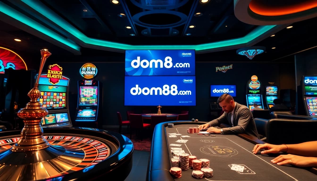 Experience thrilling online gambling at dom88.us.com featuring poker tables, roulette wheels, and colorful slots.
