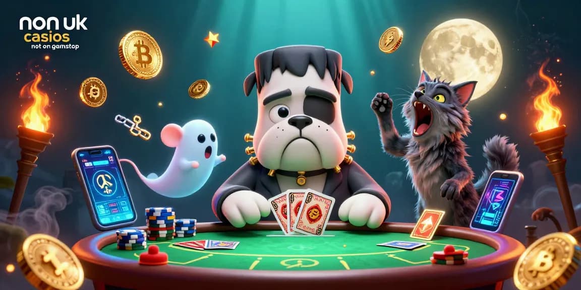 Explore non uk casinos not on gamstop with Frankenstein bulldog and werewolf kitten in a dynamic poker scene.