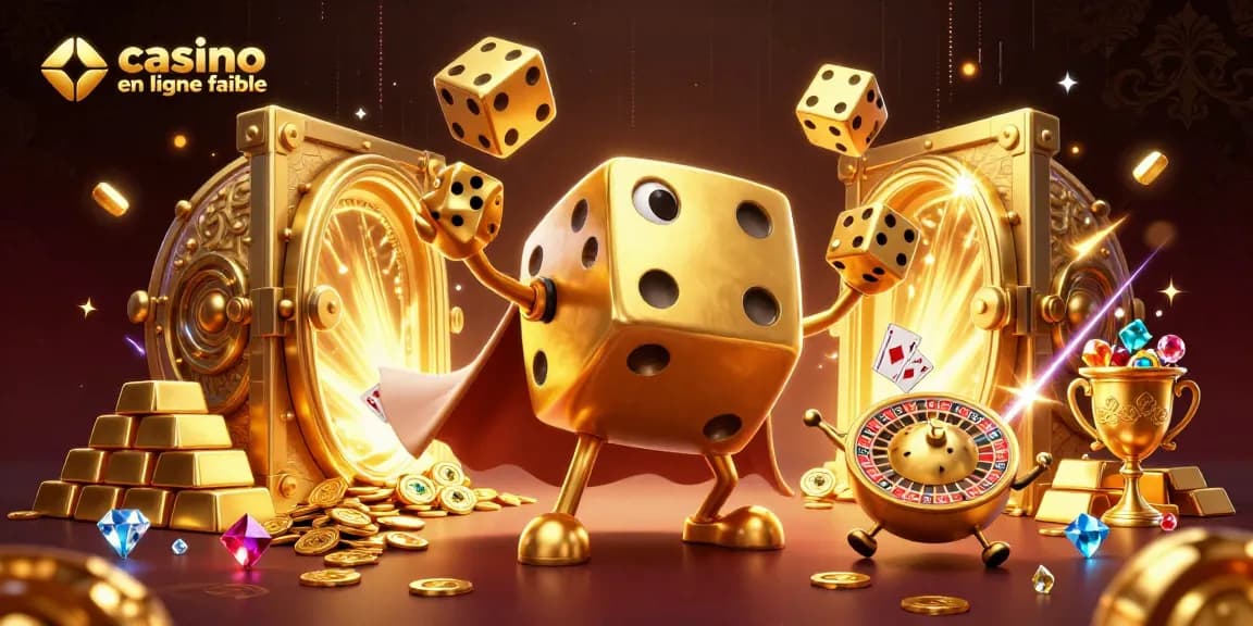 Casino en ligne fiable avec un golem en dés dorés jonglant des dés, entouré de trésors scintillants.