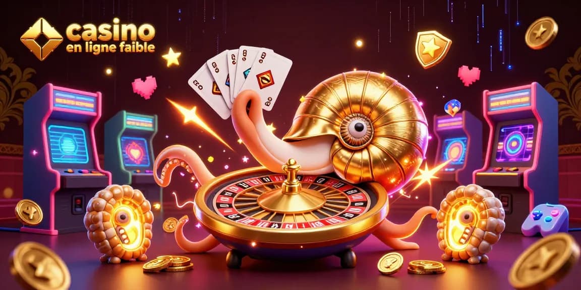 Jouez dans un casino en ligne fiable avec des personnages de nautilus 3D tenant des cartes et des éléments de jeu colorés.