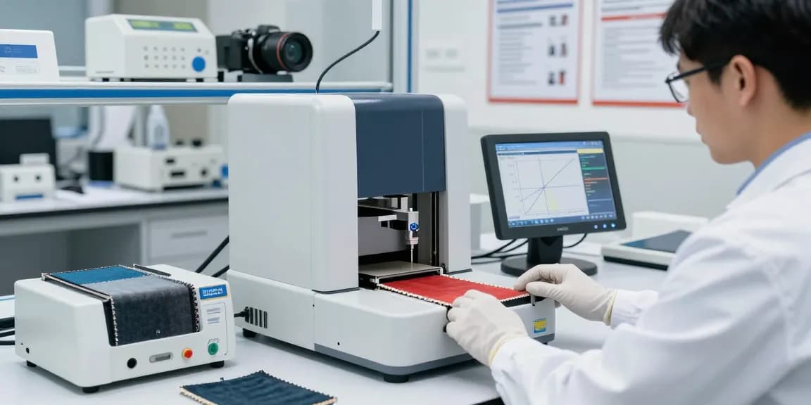 Technician using ASTM D5034 grab test equipment in a professional lab setting, showcasing SmartPull tensile strength tester and fabric testing.