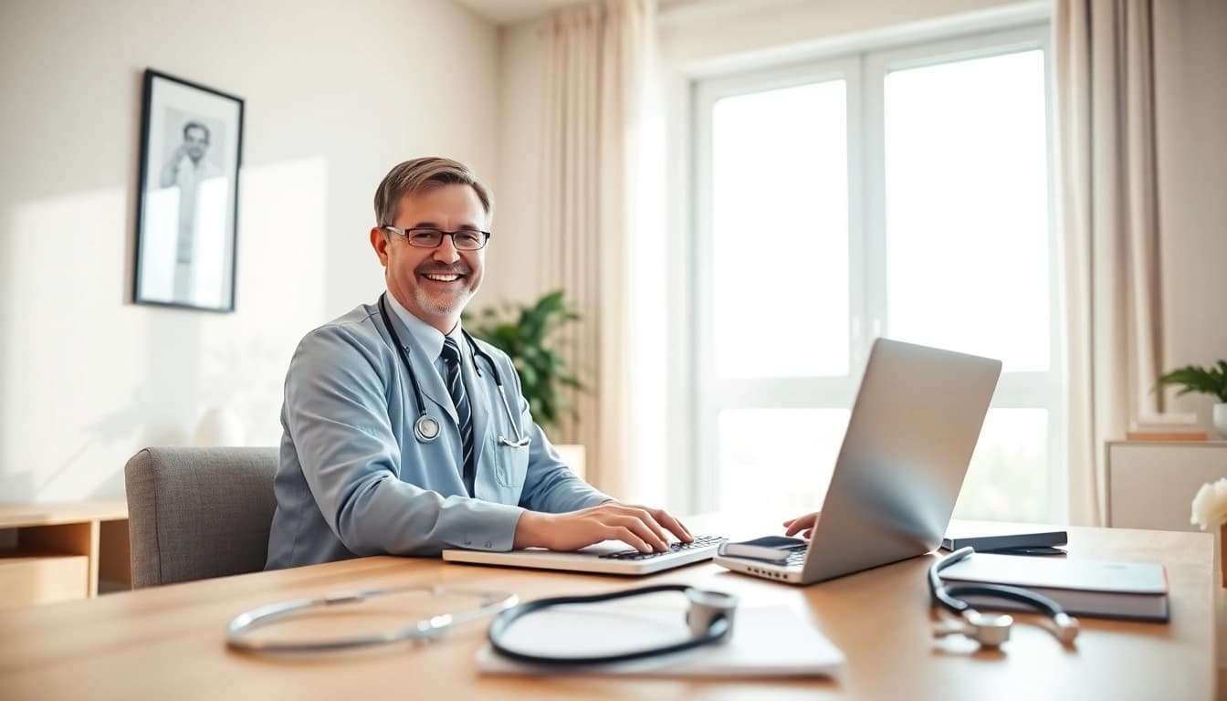 Engaging online doctor visit pay per visit, showcasing a doctor consulting with a patient via laptop.