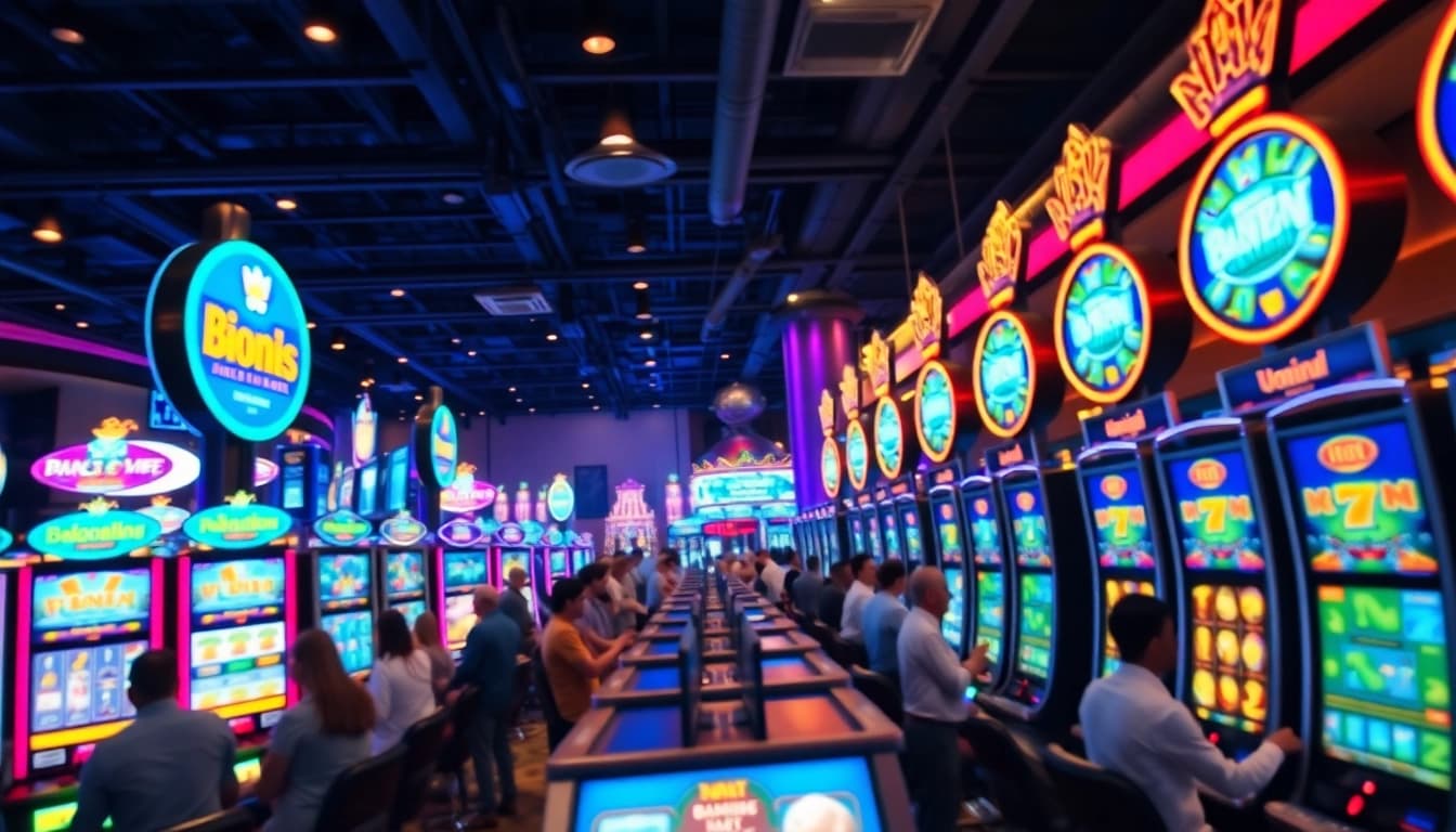 Pemain menikmati slot88 di mesin slot berwarna-warni di kasino yang ramai.