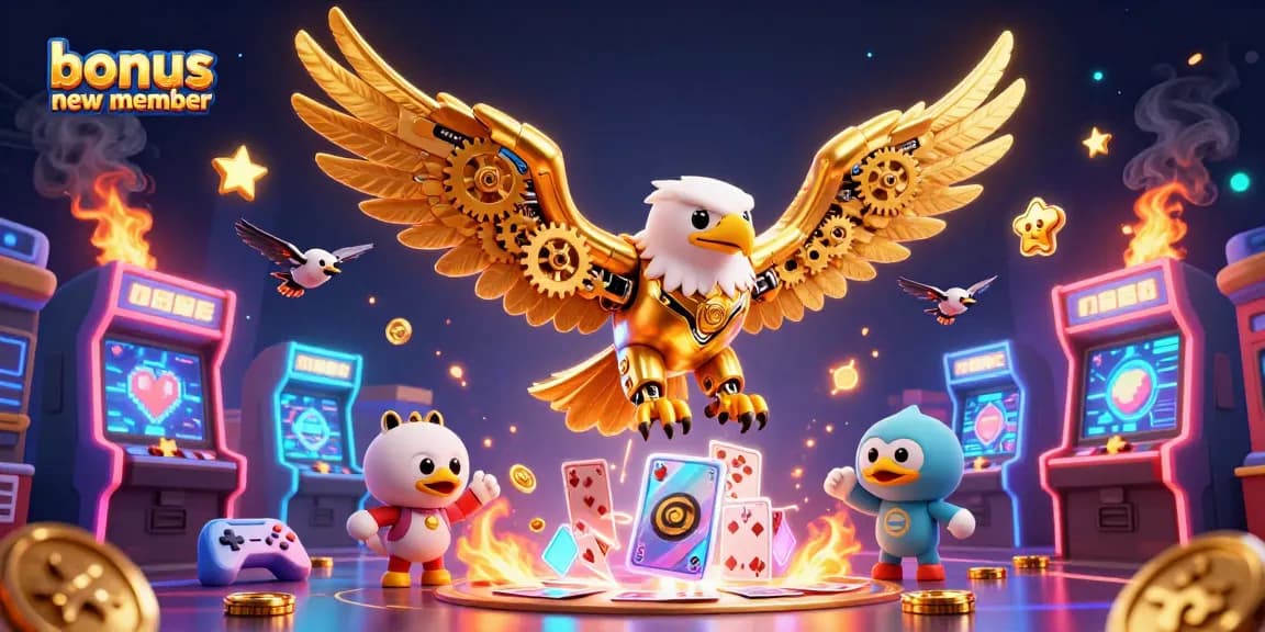 Experience the excitement of a bonus new member offer with a vibrant casino-themed illustration showcasing 3D gaming elements.