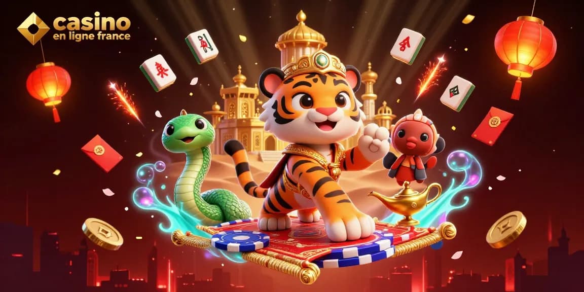Jouez au casino en ligne France avec un sultan sur un tapis volant entouré de pièces et de symboles chanceux.