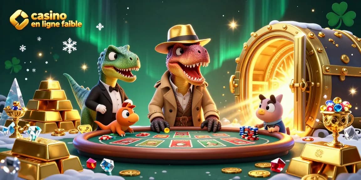 Profitez de jeux de casino en ligne fiable avec des personnages de dinosaures dans une scène dynamique.