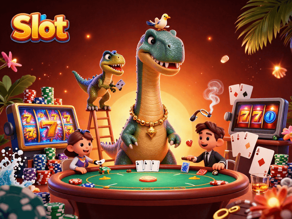 Spin the Slot reels with a cartoon dinosaur and raptor dealer in a vibrant casino scene
