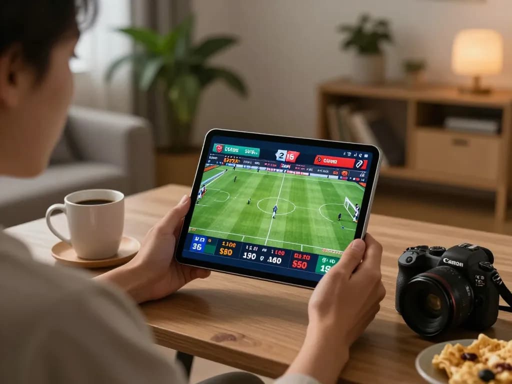 Kèo nhà cái 5 sports betting experience with tablet and live match odds in a cozy home setting.
