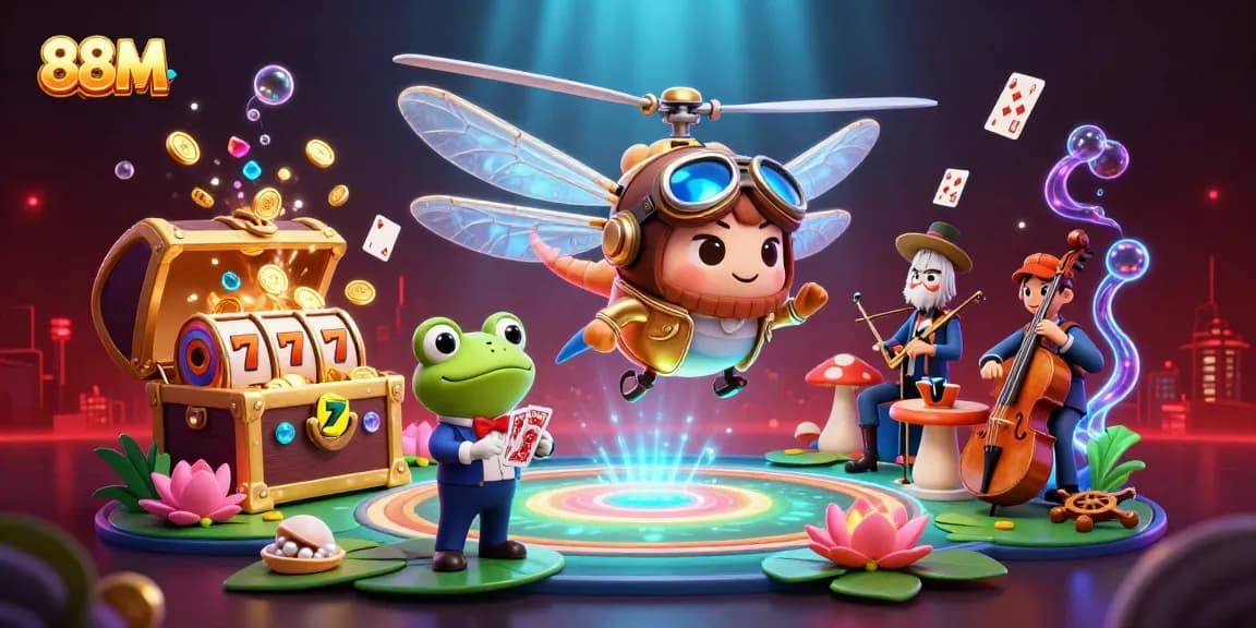 Experience 88M's vibrant casino atmosphere with a lively scene of a dragonfly pilot and frog dealer.