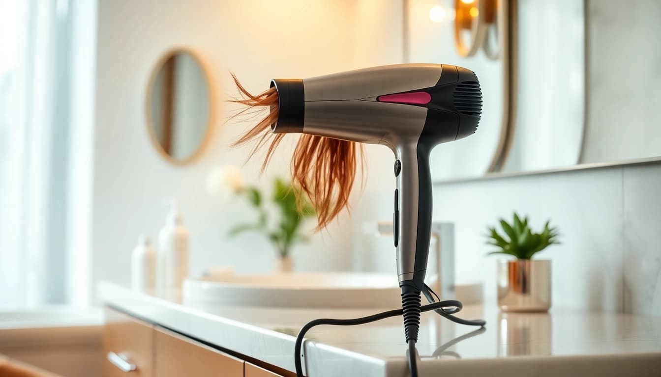 Stylish hair dryer for frizzy hair placed elegantly on a bathroom vanity.