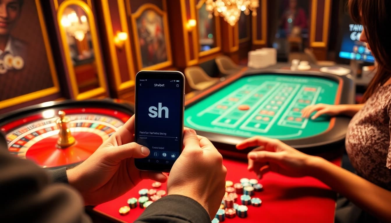 Players engaging with the shbet app in a luxurious casino setting with poker chips and cards.