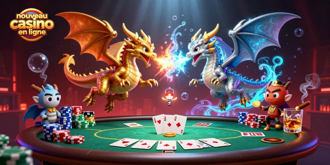Découvrez le nouveau casino en ligne avec des dragons en plein vol, des cartes et des jetons colorés.
