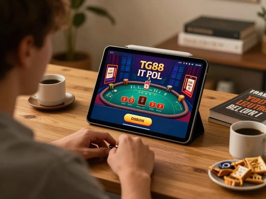Player engaging with the TG88 online casino app during a lively blackjack game at home