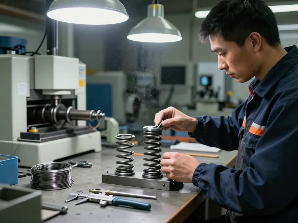 Vedere detaliată a procesului de fabricație a arcurilor torsiune cu tehnician specializat inspectând arcul metalic, evidențiind precizia industrială și calitatea.