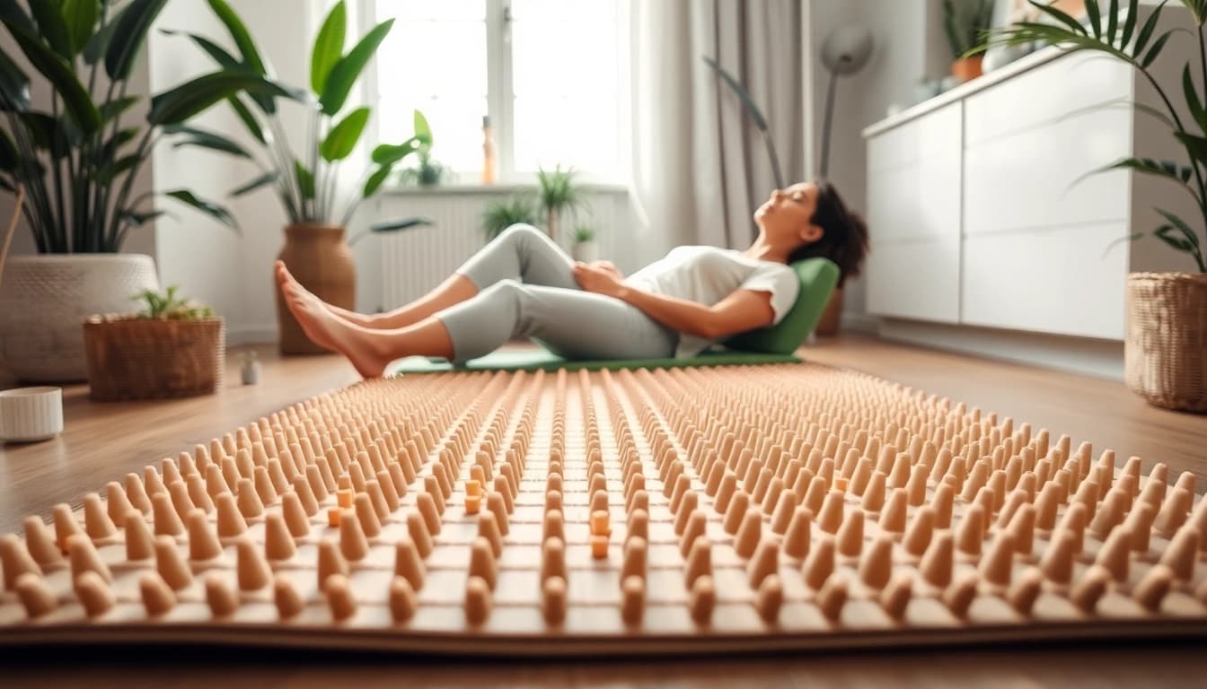 Fakirmatte providing relaxation and relief on a serene background for stress relief.