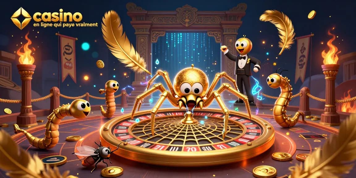 Casino en ligne qui paye vraiment, pariez dans une scène animée avec une araignée et un croupier.