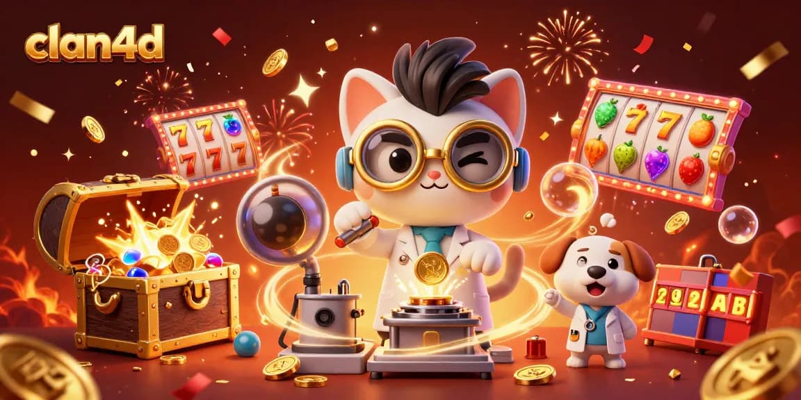 Engage with clan4d's dynamic slots scene featuring a mad scientist cat and assistant dog surrounded by gold coins