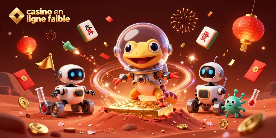 Casino en ligne fiable avec un gécko martien et des éléments festifs.